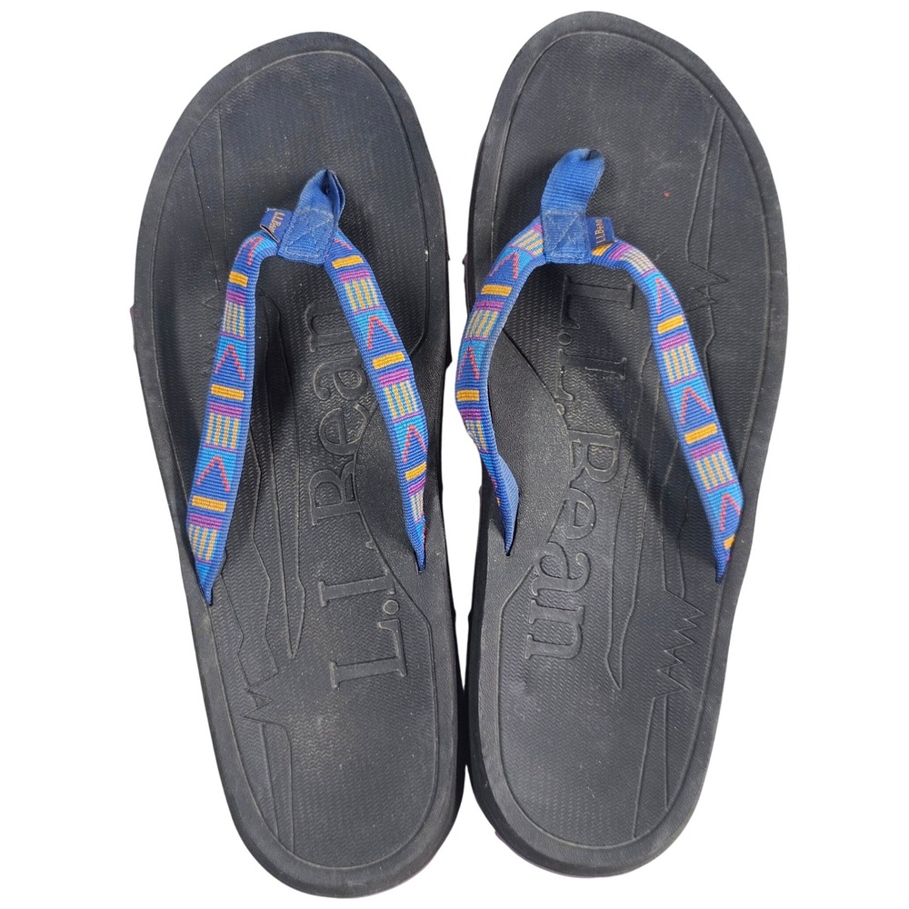LL Bean Women 10 Katahdin Flip Flops Black Blue Geometric Woven Straps 508534